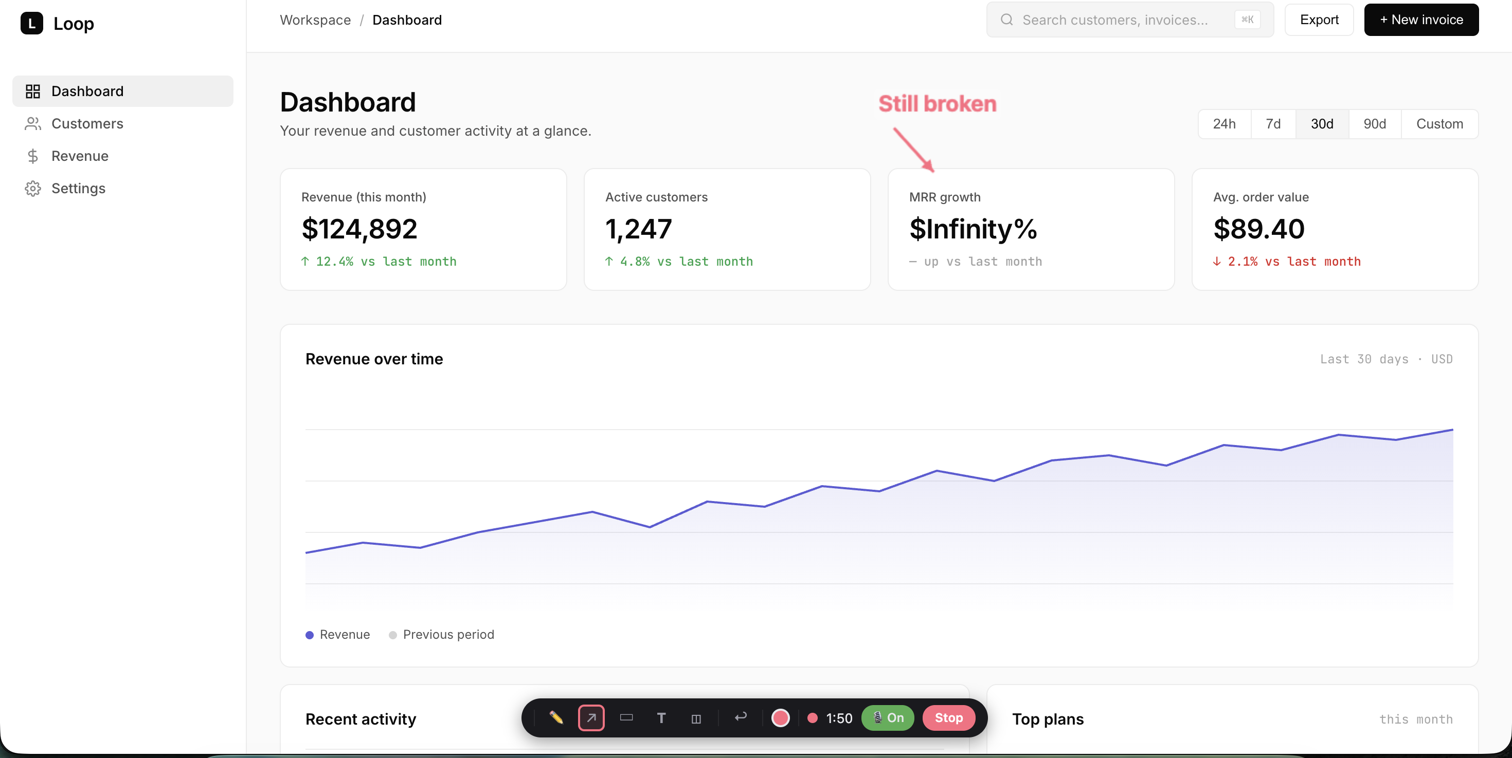 The Loop dashboard being recorded by Glitch, with a pink 'Still broken' annotation pointing at $Infinity% and the live recording toolbar visible at the bottom
