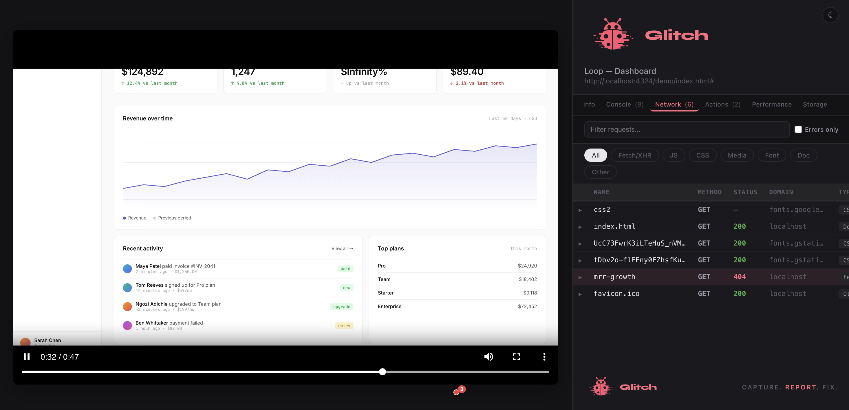 A Glitch report opened to its video tab, scrubber mid-playback with a pink event marker, and the Network tab showing the captured mrr-growth 404 request