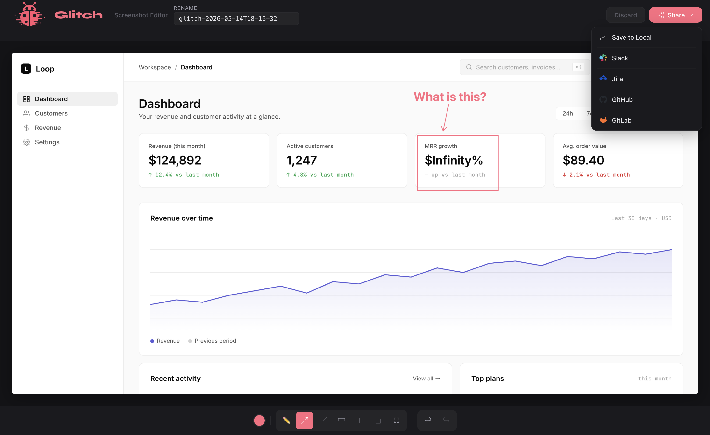 The Glitch share popup open over a captured Loop dashboard, with Save to Local, Slack, Jira, GitHub, and GitLab destinations visible
