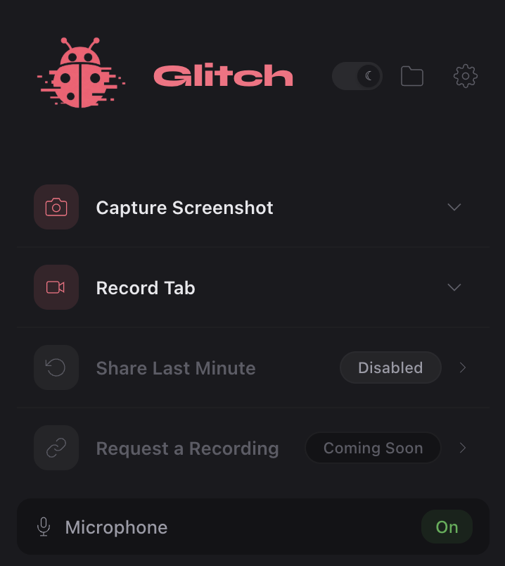 The Glitch extension popup — record, screenshot, last-minute, and mic controls